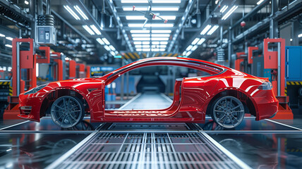 A red car body frame in automotive factory with automated production equipment