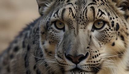 Obraz premium Close-up portrait of a snow leopard’s face, capturing the intricate details of its fur and piercing eyes against a neutral background with ample copy space.
