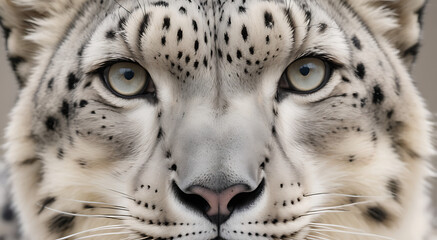 Naklejka premium Close-up portrait of a snow leopard’s face, capturing the intricate details of its fur and piercing eyes against a neutral background with ample copy space.
