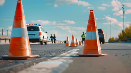 Roadside Checkpoint with Police Officers and Traffic Cones on Highway for Travel Safety