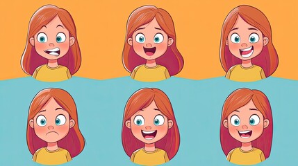 Cartoon girl with distinct happy and sad expressions against a solid color backdrop. Perfect for illustrating varied emotional states in a simple, direct manner.