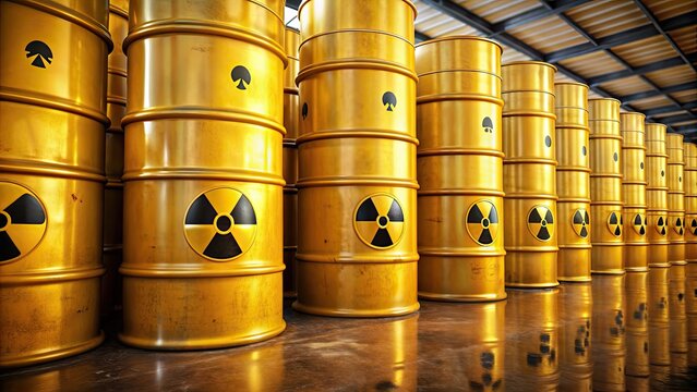 Barrels of radioactive waste symbolizing nuclear power production , nuclear power, radioactive, waste, barrels, yellow drums