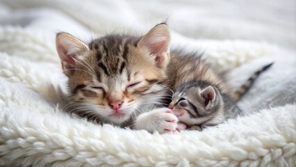 Adorable sleeping kitten curled around tiny mouse friend on soft white blanket, whiskers entwined, paws relaxed, gentle slumber filled with innocence and sweetness.