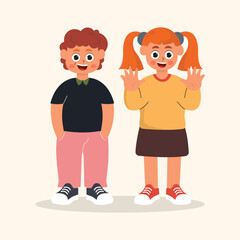 illustration of children raising their hands and putting their hands in their pockets, flat illustration character