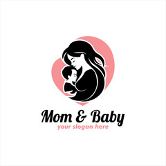 Mother son love logo design illustration. Modern minimalist creative simple line art silhouette love heart mother baby affection.