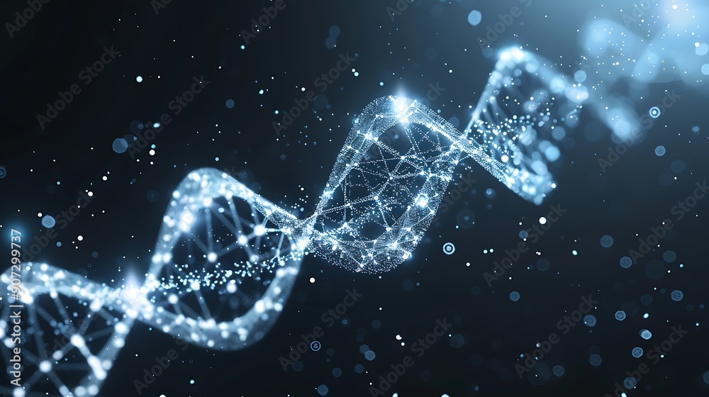 Poster abstract 3d rendering of a glowing dna double helix structure, representing the complexity and beaut