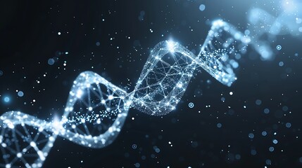 Abstract 3D glowing DNA double helix structure with twisting strands for representation of life complexity and biological information beauty in genetic code concept.