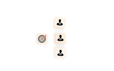 Business strategy and action plan ideas Target icon on top wooden sphere and wooden block with business strategy symbol. white background