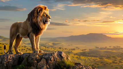 Witness the king of the jungle in all his glory, standing proud on a rocky outcrop.