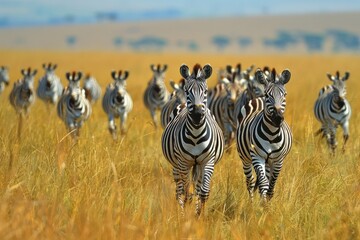 Fototapeta premium A herd of zebras are running through a field of tall grass