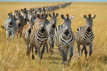 Fototapeta premium A herd of zebras are walking across a field