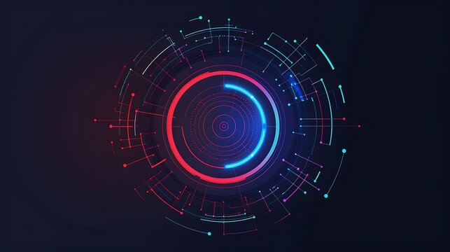 Abstract digital interface with neon colors and circular design for innovation technology advancement futuristic interaction virtual system development concept.