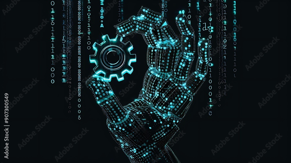 Poster digital hand with a glowing blue light holds a gear in front of a binary code background, symbolizin