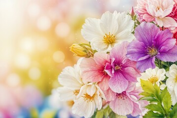 Fototapeta premium Beautiful bouquet of colorful flowers with a soft bokeh background, ideal for themes of nature and beauty.