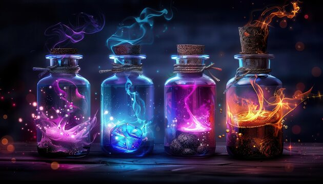 Mystical brews and potions with glowing liquids and magical ingredients, capturing the art of potion making, Fantasy, Bright colors, Digital painting
