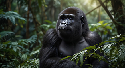 Obraz premium a mountain gorilla amidst the dense foliage of a rainforest, emphasizing its powerful build and serene expression with a clean background and ample copy space.