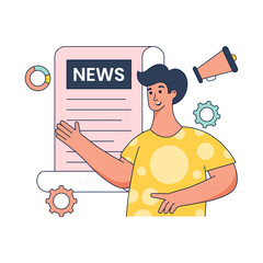 A man stands in front of a paper that says news on it