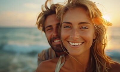 Fototapeta premium A happy couple enjoys their summer vacation with the woman piggybacking on her boyfriend on the beach.
