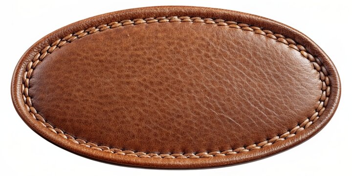 Empty round brown leather patch with visible seam stitched in middle isolated on pure white background ready for branding and logo placement.