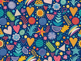Naklejka premium Vibrant colorful seamless pattern featuring playful doodle abstract art, trendy texture, and modern basic shapes, perfect for kids' design projects, packaging, and backgrounds.