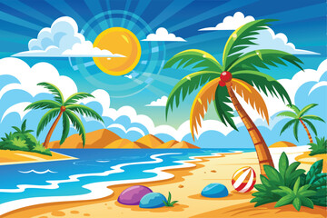 Fototapeta premium Tropical Beach Scene with Palm Trees, Sunny Sky, and Ocean Waves