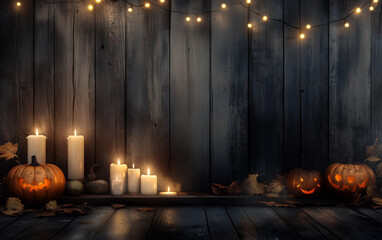 Obraz premium Halloween background with wooden table, candles and pumpkins on the dark wood wall with string lights