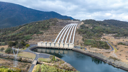 Drone aerial photograph of the Snowy Hydro Tumut 3 power station near Talbingo in the Kosciuszko National Park in the Snowy Mountains in New South Wales in Australia. © Wittke Photography