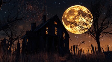 Spooky Halloween night featuring a bright full moon, dark silhouettes of dry trees, spider webs, and an eerie abandoned house in a 3D abstract style.