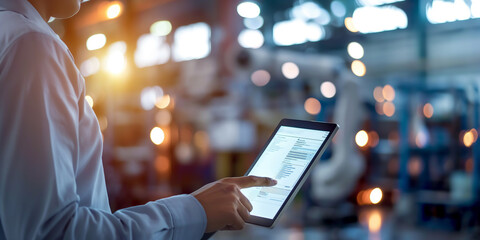 Engineer Using Tablet in Automated Robotics Factory
