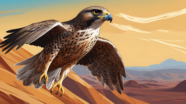 Stylized illustration of a Saker falcon soaring over a desert landscape, featuring bold colors and dynamic lines with a solid background and ample copy space.