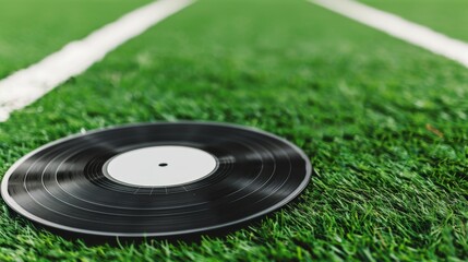 A vinyl record lying on a soccer field. The green grass is freshly cut, and the white lines are clearly visible in the background. The setting is bright and sunny, with a sense of activity and energyd