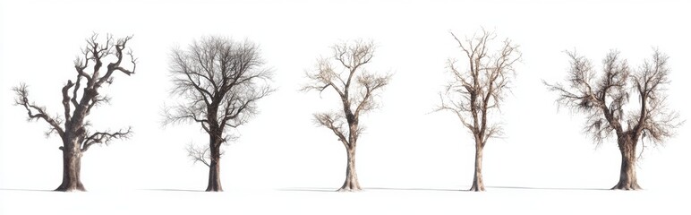 Fototapeta premium Majestic Collection of Giant Dead Trees Isolated on White Background: Striking Silhouettes for Artistic and Environmental Concepts. Ancient Bare Branches Showcase Nature's Resilience and Time's Passag