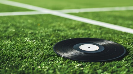 A vinyl record lying on a soccer field. The green grass is freshly cut, and the white lines are clearly visible in the background. The setting is bright and sunny, with a sense of activity and energyd