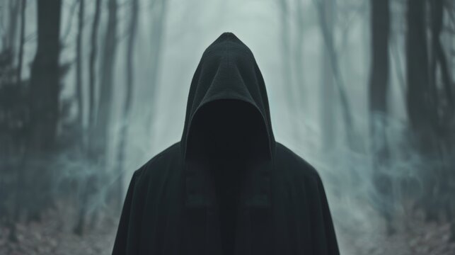 Mysterious hooded figure on a dark forest path, mist rising from the ground, creepy atmosphere, unsettling silence