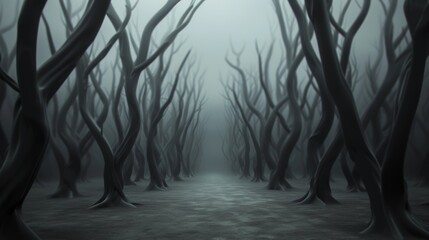 A haunted forest with twisted trees and eerie whispers in the wind