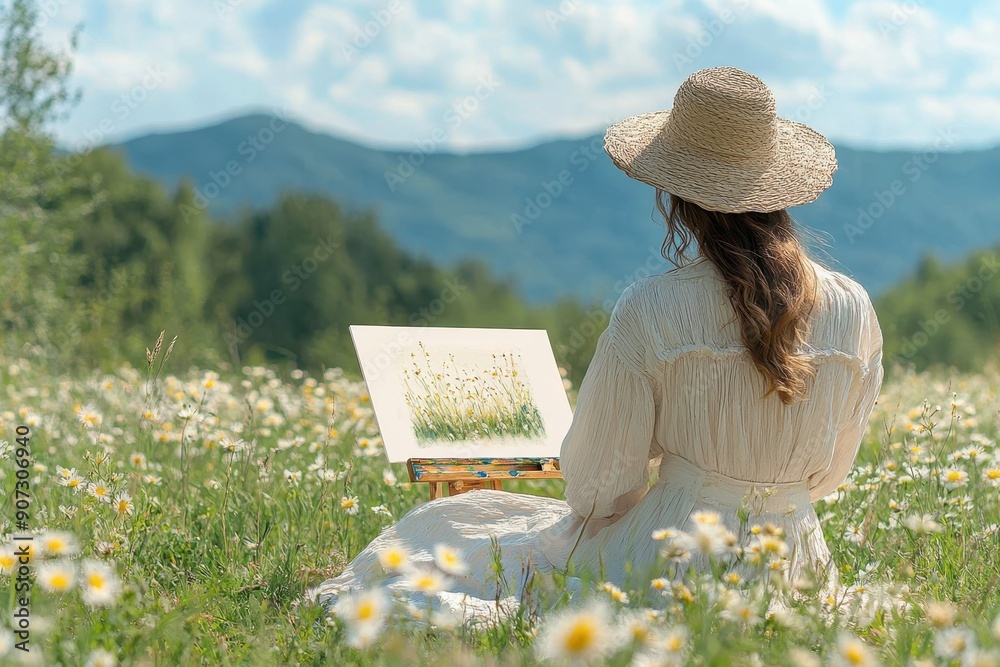 Wall mural Tranquil Woman Painting in Ethereal Meadow, Blending Relaxation and Creativity with Nature's Backdrop