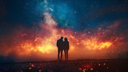 Fototapeta premium A couple standing in front of a beautiful, colorful sky with a bright orange