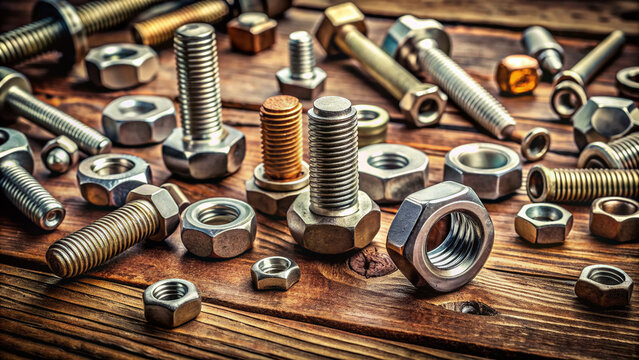 Assorted hex bolts in various sizes and finishes scattered on a rustic wooden table, surrounded by scattered nuts and metal fragments, in a workshop setting.