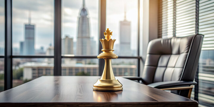 A minimalist desk with a chessboard and a queen piece in the foreground, symbolizing female leadership, strategy, and empowerment in a corporate setting.