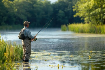 Finding Serenity: Man Relaxing and Fishing by Tranquil Pond for Stress Management with Nature as Background