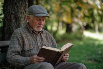 Tranquil Senior Finding Serenity: Close-Up Fusion of Elderly Person Reading Book on Park Bench, Embracing Nature's Peaceful Ambiance