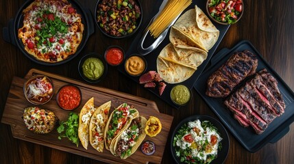 Top-down view of a dark wood table laden with delectable dishes such as pastas, flatbreads, tacos, and steak, perfect for a restaurant theme.