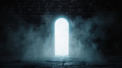 A faintly glowing doorway concealed in an ancient wall, eerie atmosphere with creeping fog, perfect for a spooky Halloween night