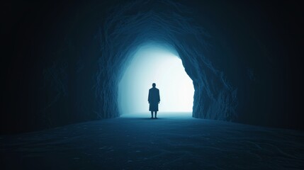 Sinister cave entrance with a shadowy figure, surrounded by a menacing, eerie atmosphere, perfect for a Halloween theme