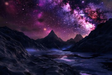 Fantasy dark asteroid landscape with milky way galaxies over the rocky mountains at dramatic purple sky. Generative AI