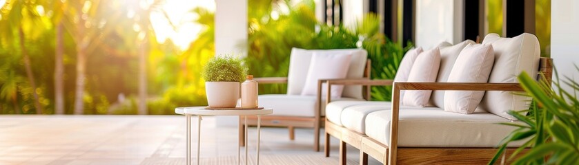 Fototapeta premium Cozy outdoor seating area with soft cushions, plants, and warm sunlight creating a serene atmosphere for relaxation.