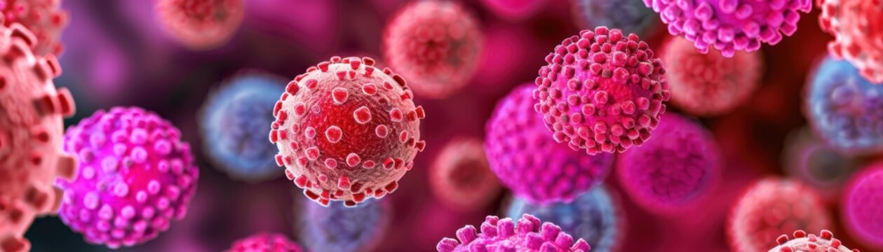 Detailed close-up view of colorful microbial structures, showcasing vibrant cells in shades of pink and red against a blurred background.