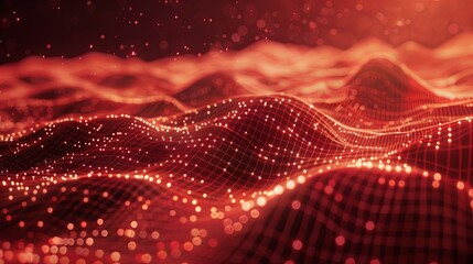 Futuristic Data Technology Illustration: Hyperrealistic 8K 3D Landscape of Bright Particles and Big Data Visualization with a Crimson Wave
