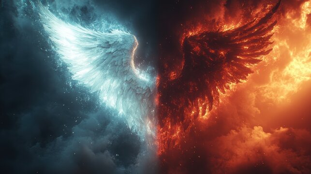 Dramatic Contrast of Angelic and Demonic Wings in Fiery and Icy Clouds - Surreal Fantasy Art Depicting the Eternal Battle Between Good and Evil