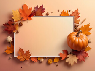 abstract glowing Autumn Banner on fluid gradient background in fall colors and frame with autumn element leaves, maple, acorn, pumpkin. Illustration